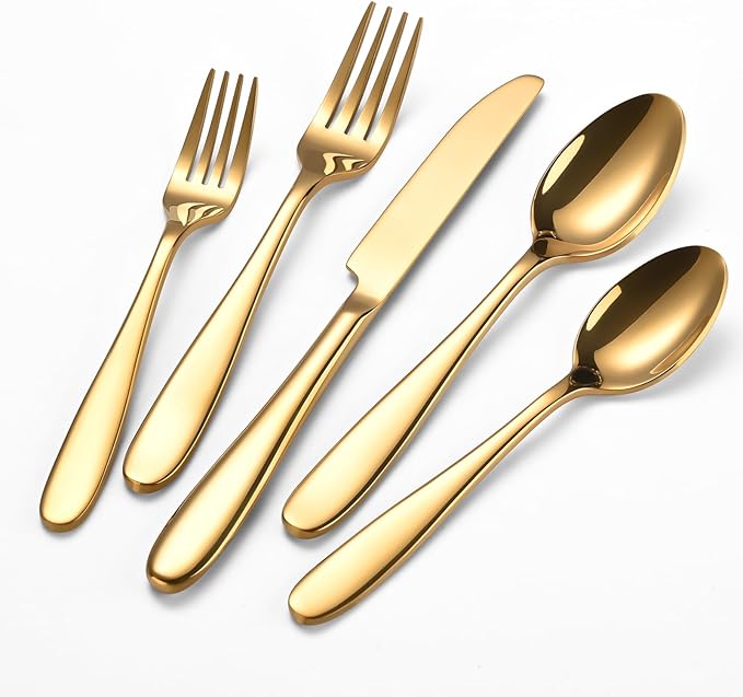 20-Piece Gold Silverware Set, Flatware Set for 4, Food-Grade Stainless Steel Tableware Cutlery Set, Mirror Finished Utensil Sets for Home Restaurant, Forks Spoons and Knives Set, Dishwasher Safe