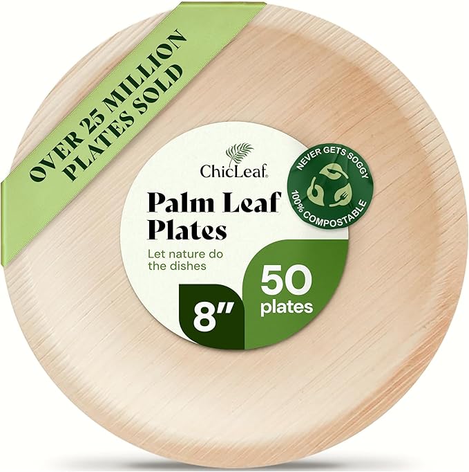 Chic Leaf Palm Leaf Bamboo Disposable Plates, 8" Round Eco Serveware for Weddings, Events & Appetizers – Biodegradable & Compostable Wedding Party Supply - 50 Pack