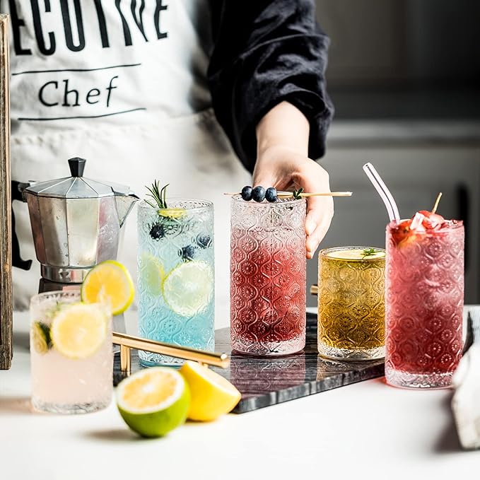 Glass Cups Vintage Glassware Set of 4, Drinking Glasses 12.5oz, Embossed Pattern Style Transparent Cocktail Glasses Set, for Ice Coffee,Juice,Beer,Bar Beverages,Drinkware, Transparent (L)