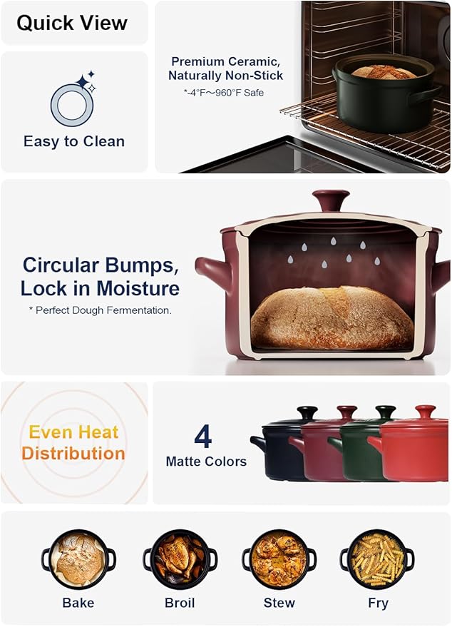 LE TAUCI 3 Quart Ceramic Dutch Oven - Lightweight, Non-Toxic, No Seasoning Needed- Oven, Microwave & Dishwasher Safe, Dutch Oven Pot with Lid for Sourdough, Soup & Stew, Burgundy Red