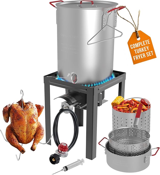 GasOne 30QT Turkey Fryer and 10QT Fish Fryer Set, Seafood Boil Steamer, Crawfish Boiler, Outdoor Cooker for Crab, Shrimp, Lobster, Complete Black Fryer Kit for Holiday and Seasonal Cooking