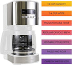 Kenmore drip Coffee Maker - 12 Cup programmable cafe machine with glass pot, regular & bold brew, auto shut off large water reservoir, reusable filter, kitchen appliances for cafeteria barista, White