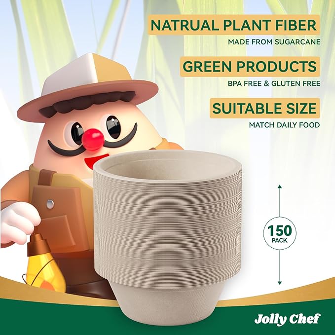 JOLLY CHEF Compostable Disposable Paper Bowl [16 oz] Heavy Duty Soup Containers [150 Pack] Biodegradable Bagasse Hot Cold Eco-Friendly Natural Sugarcane Microwavable Bowls for Salad Dessert Cereals
