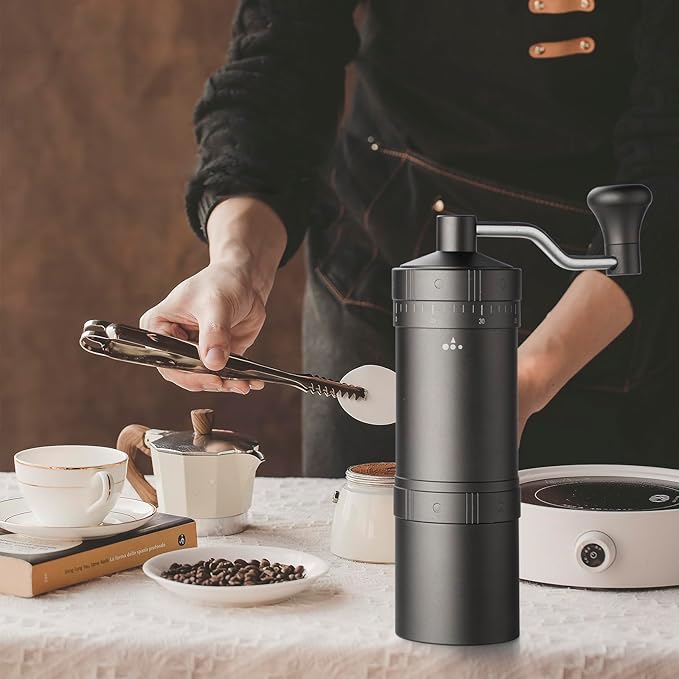 Manual Coffee Grinder with 7 Star Stainless Steel Conical Burr, Portable Coffee Grinder with External Adjustable Grind Setting (Grey)