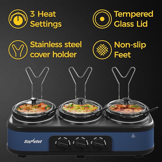 Triple Slow Cooker, Buffet Food Warmer with 3 x 1.5 QT Removable Ceramic Pots, Buffet Servers and Warmers with Glass Lids and 3 Spoons, Stainless Steel, Blue