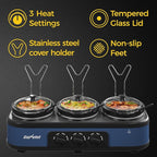 SUNVIVI Triple Slow Cooker, Buffet Food Warmer with 3 x 1.5 QT Removable Ceramic Pots, Buffet Servers and Warmers with Glass Lids and 3 Spoons, Stainless Steel, Blue