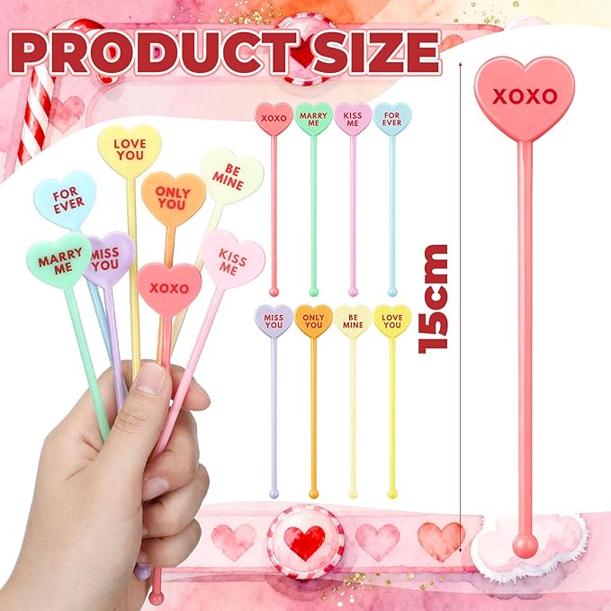 48 Pcs Valentine Conversation Candy Heart Drink Stirrers Reusable Plastic Cocktail Swizzle Sticks Wedding Cocktail Mixers for Bar Engagement Anniversary Valentine Party Supplies