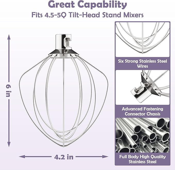 Stainless Steel 6-Wire Whisk Attachment for KitchenAid Mixer, 4.5-5Qt Tilt-Head Stand Mixer Compatible, Dishwasher Safe, Ideal for Whipping Cream, Mixing Flour & Cake, Perfect for Mayonnaise Whisks
