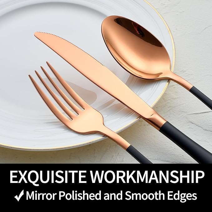 20-Pieces Rose Gold and Black Silverware Sets for 4,Black Handle Stainless Steel Cutlery Set, Include Forks Spoons and Knives Set, Dishwasher Safe Utensil Sets for Home Restaurant