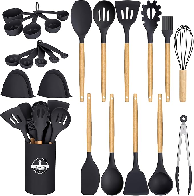 24 Pcs Kitchen Cooking Utensils Set,446°F Heat Resistant Non-Stick Silicone Kitchen Utensil Set With Wooden Handles and Holder,Kitchen Gadgets for Cookware,Kitchen Accessories,Black