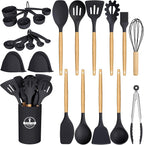 24 Pcs Kitchen Cooking Utensils Set,446°F Heat Resistant Non-Stick Silicone Kitchen Utensil Set With Wooden Handles and Holder,Kitchen Gadgets for Cookware,Kitchen Accessories,Black