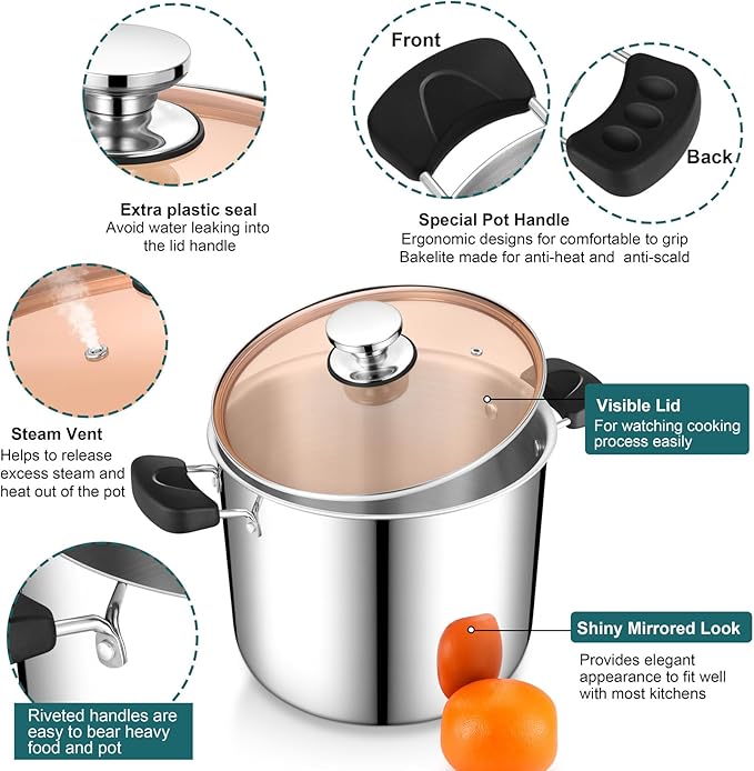 P&P CHEF Stainless Steel 3-Ply Sock Pot with Lid, Stockpot for Cooking Pasta & Stewing Soup, Fits Multi Stoves, Heat-proof Handle & Clear Lid, Heavy Duty & Dishwasher Safe, 10 Quarts