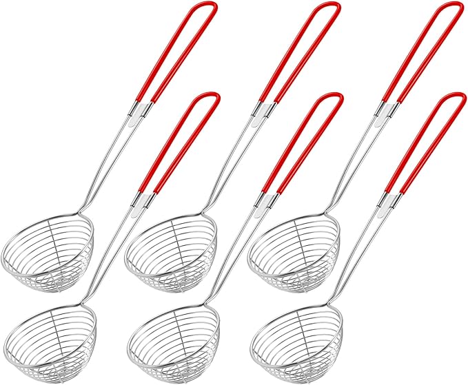 Geiserailie 6 Pieces 6 Pieces Hot Pot Kit Strainer Scoops Stainless Steel 2.5 Inch Mini Spider Strainer Skimmer Pasta Mesh Spoon Asian Skimmer Spoon Ladle with Handle for Home (Red)