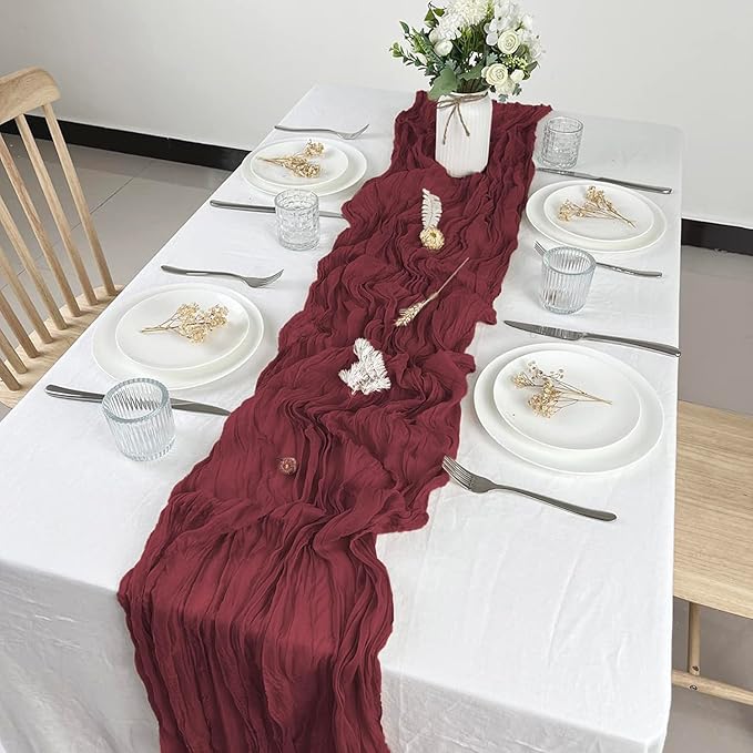 12 Pack Burgundy Cheesecloth Table Runner 10ft Boho Gauze Cheese Cloth Table Runner Rustic Sheer Runner 120 inch Long for Christmas Wedding Table Decorations