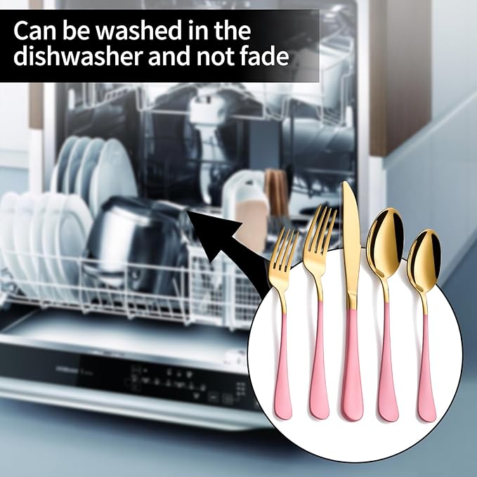 20-Pieces Gold and Pink Silverware Sets for 4,Pink Handle Stainless Steel Cutlery Set, Include Forks Spoons and Knives Set, Dishwasher Safe Utensil Sets for Home Restaurant