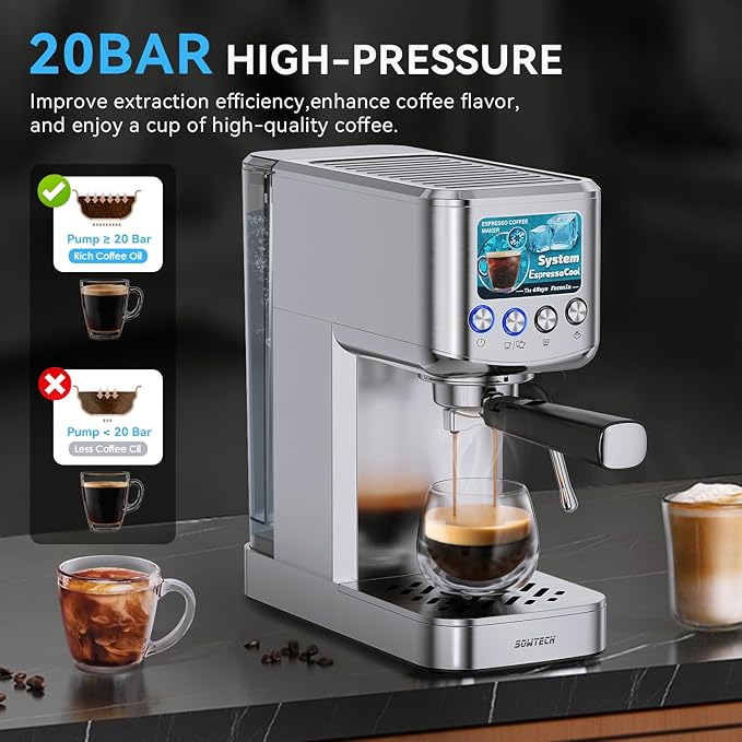 Espresso Machine 20 Bar, Compact Espresso Maker with Milk Frother, Stainless Steel Coffee Machine with 42 oz Water Tank for Cappuccino, Latte&Cold Brew, Home&Office, Silver