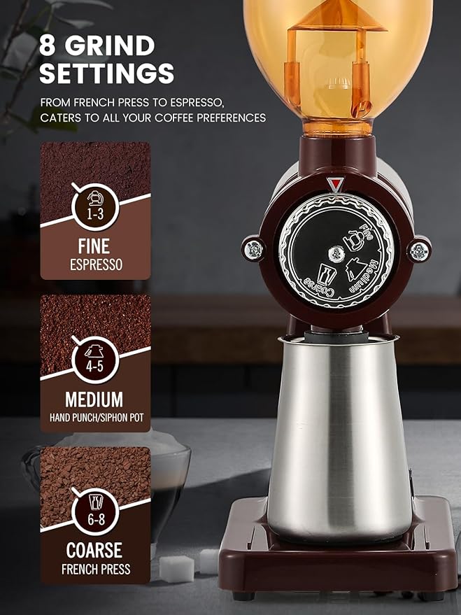 Huanyu Stainless Steel Coffee Grinder Electric with 8 Grinding Settings Flat Burr Coffee Grinder Adjustable Burr Coffee Grinders for Home Use Red