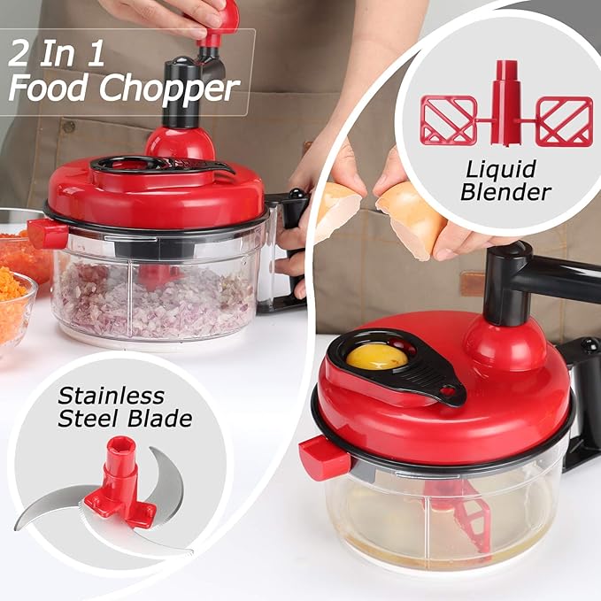 Cambom Manual Food Chopper Vegetable Chopper Hand Food Processor, Mixer, Blender, Whipper, Egg White Separator, Mincer, Grinder, Dicer with Clear Container 1200ml BPA Free Strong