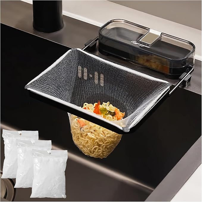 Sink Drain Strainer 2025 New Suction Cup Sink Kitchen Net Strainer Colander Collapsible Corner Sink Strainer Over for Food Waste Filtering Kitchen Leftover Have Mesh Bags (Black, Filter 150Pcs)