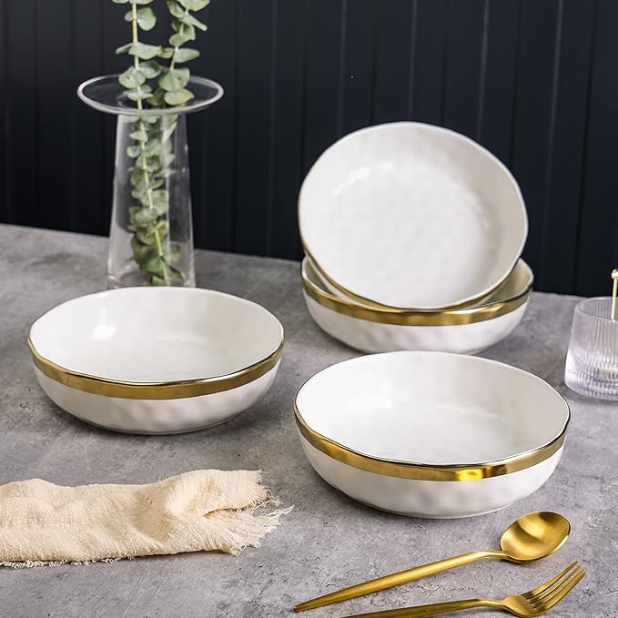 Stone Lain Florian 4-Piece Round Pasta Bowl Set, White with Gold Rim