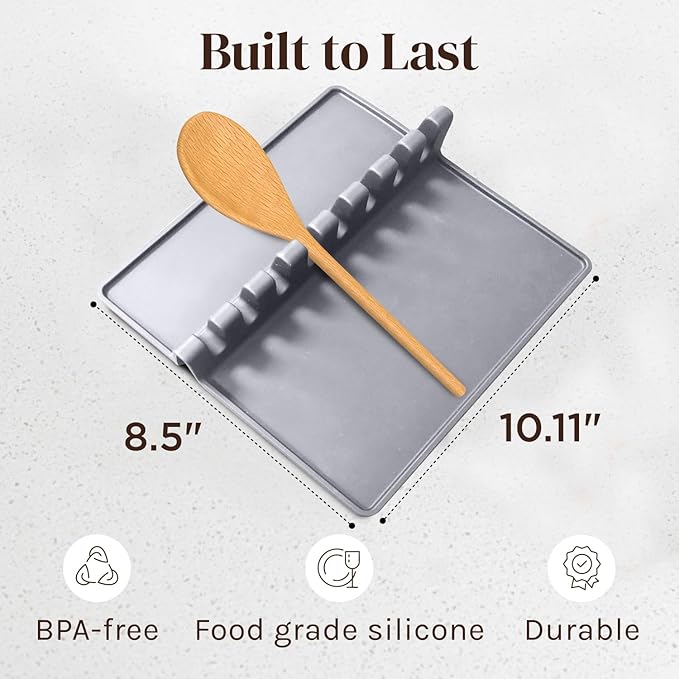 Silicone Spoon Rest for Stove Top with Drip Pad (1 Pack) - Extra Large Grey Heat-Resistant, BPA-Free Utensil Rest for Kitchen Counter - Utensil Holder for Spatulas, Tongs, Ladles and Kitchen Gadgets