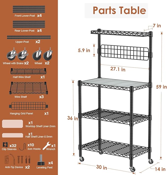 Leteuke Bakers Rack with Storage for Kitchen, NSF Certified 4-Tier Adjustable Coffee Cart Station with Wheels 10 S-Hooks Microwave Stand Kitchen Storage Shelf Metal Storage Rack 30 x 14 x 59 Inches, B