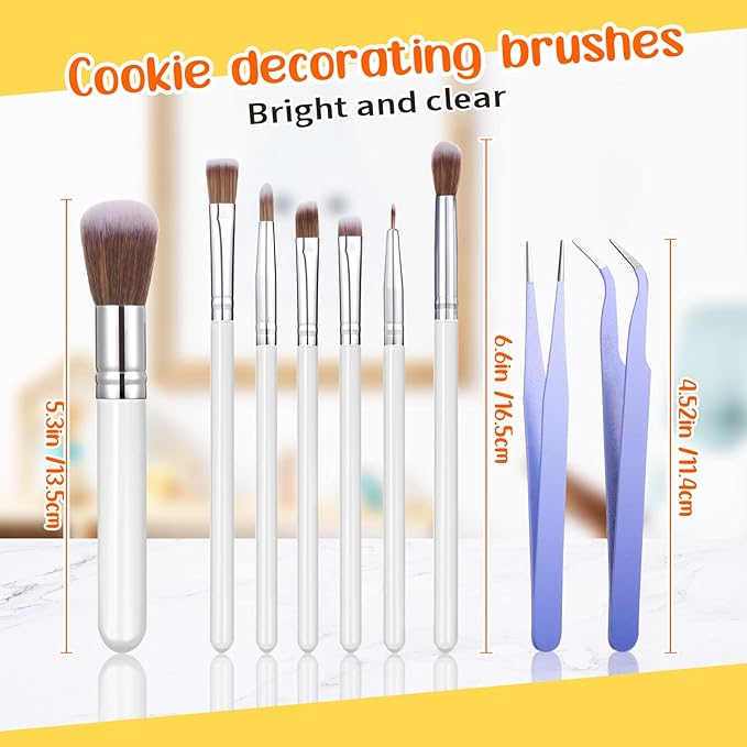 Sinmoe 10 Pieces Cake Candy Decorating Brushes Tools Cookie Decoration Brushes Pastry Brush and Stainless Steel Straight and Curved Tip Tweezers Pasta Tweezers for Baking Fondant (Macaron Color)