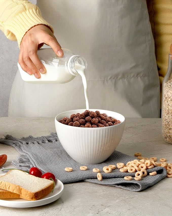 NUTRIUPS 5.5x3.5 in Soup Bowls, 25 oz Deep Cereal Bowl Set, Ceramic, Microwave Safe Bowl, Set of 4 White Bowl for Oatmeal Chili Salad