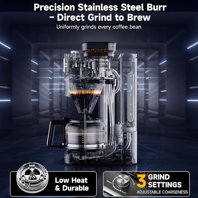 Drip Coffee Maker with Built-in Grinder, 10-Cup Coffee Machine with 24-Hour Delay Timer, Touch Screen, Self-Cleaning, Reusable Filter, 1.5L Removable Water Tank, Warming Plate, White