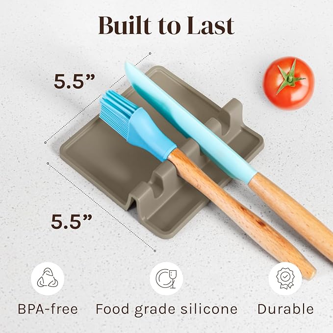Cream Silicone Spoon Rest for Stove Top with Drip Pad (Two Pack) - Heat-Resistant, BPA-Free Utensil Rest & Spoon Holder for Kitchen Counter - Grill Utensil Holder for Spatulas, Tongs, Ladles