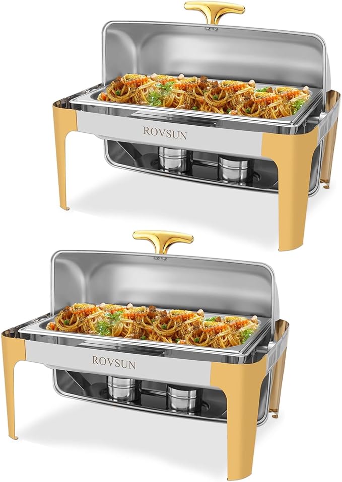 ROVSUN 2 Packs Roll Top Chafing Dish Buffet Set Gold Accent, NSF 9 Quart Rectangular Stainless Steel Chafer, Buffet Servers and Warmers Set Warming Tray for Wedding, Parties, Banquet, Catering Events