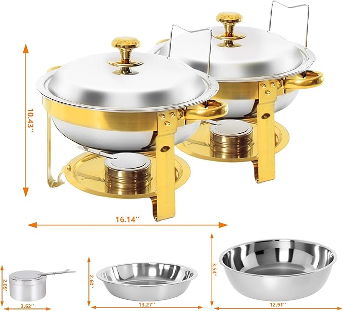 2-Pack Gold Round Chafing Dishes for Buffet, 5QT Stainless Steel Buffet Chafing Set for Catering, Parties & Events