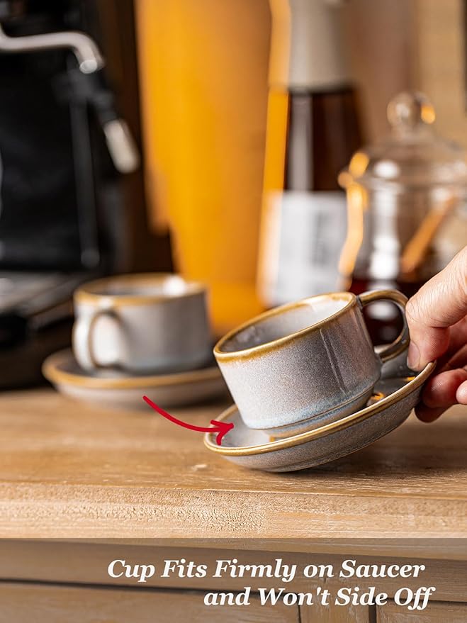 Gomakren 2.5 Ounce Espresso Cups Set of 4, Small Stackable Coffee Cups with Saucers and Metal Stand, Halloween Porcelain Demitasse Cups for Specialty Coffee Drinks, Espresso, Cappuccino, Latte, Gray