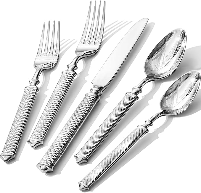 KINGSTONE Retro Rope-Pattern Silverware Set, 30-Piece Flatware Set Cutlery Set Forged with Handcrafted Texture Handles 18/10 Stainless Steel, Dishwasher Safe