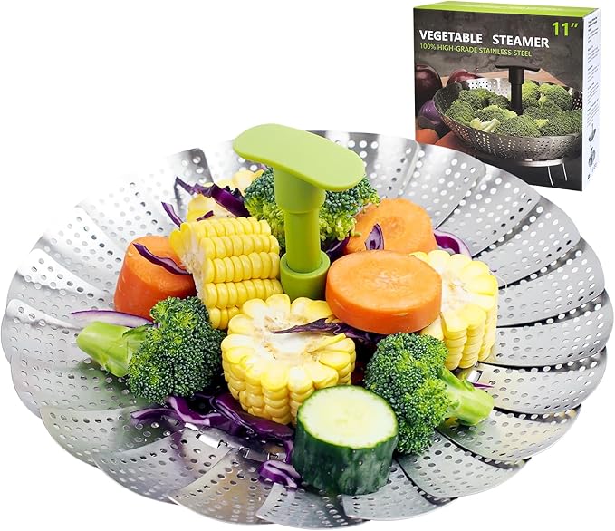 SHIKORI Steamer Basket,Stainless Steel Vegetable Steamer Basket Folding,Folding Expandable Steamers,Expandable to Fit Various Size Pot-T-Green 11 in