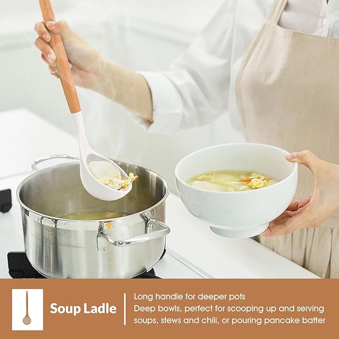 E-far White Cooking Utensils Set of 6, Silicone Kitchen Utensils with Wooden Handle, Non-stick Cookware Friendly & Heat Resistant, Includes Spatula/Ladle/Slotted Turner/Serving Spoon/Spaghetti Server