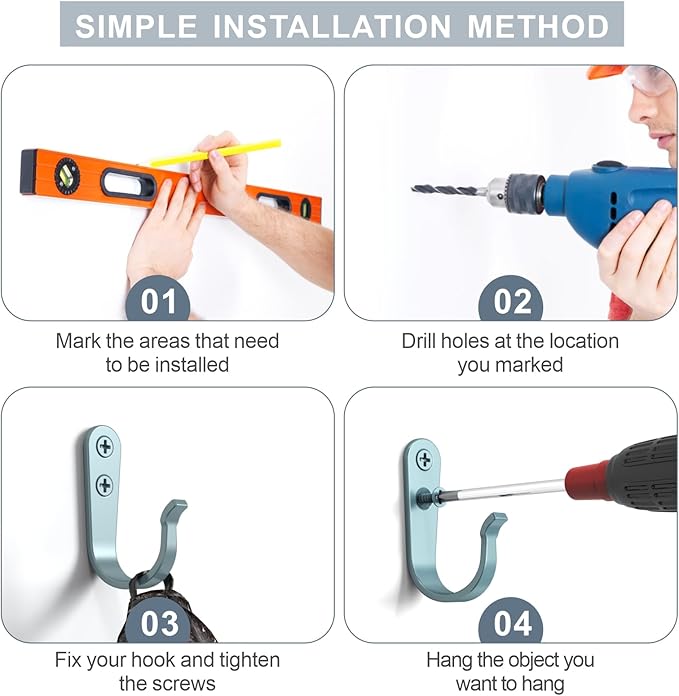 20PCS Heavy Duty Metal Wall Hooks, Coat Hooks for Hanging - Single Prong with 40 Screws (Coats Towels Backpacks) - Light Blue