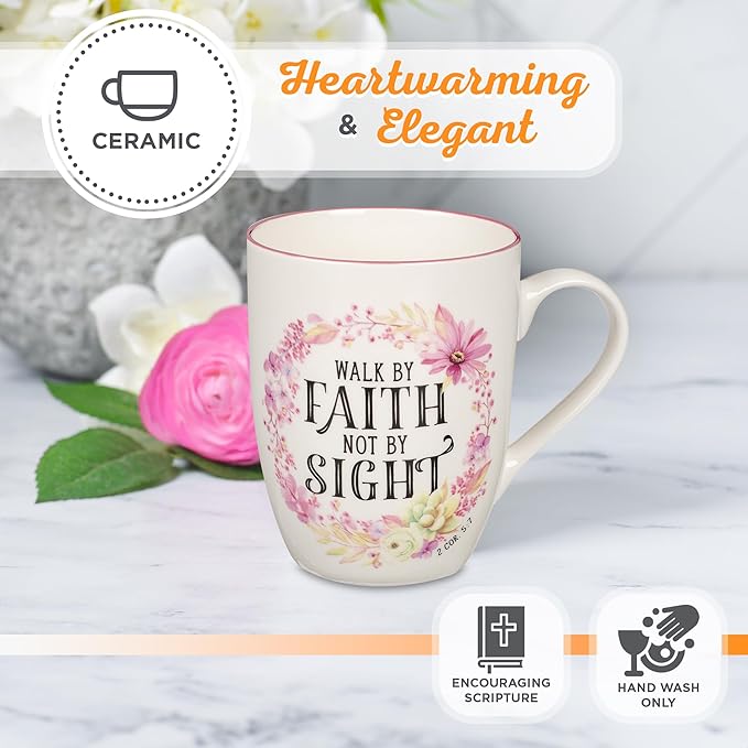 Christian Art Gifts Inspirational Scripture Ceramic Coffee & Tea Mug for Women: Walk by Faith Encouraging Bible Verse Cup, Microwave & Dishwasher Safe, Lead-free, White & Pink Floral Wreath, 12 oz.