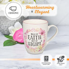 Christian Art Gifts Inspirational Scripture Ceramic Coffee & Tea Mug for Women: Walk by Faith Encouraging Bible Verse Cup, Microwave & Dishwasher Safe, Lead-free, White & Pink Floral Wreath, 12 oz.