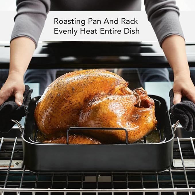 KitchenAid Hard Anodized Roasting Pan/Roaster with Removable Rack, 13 Inch x 15.75 Inch - Matte Black