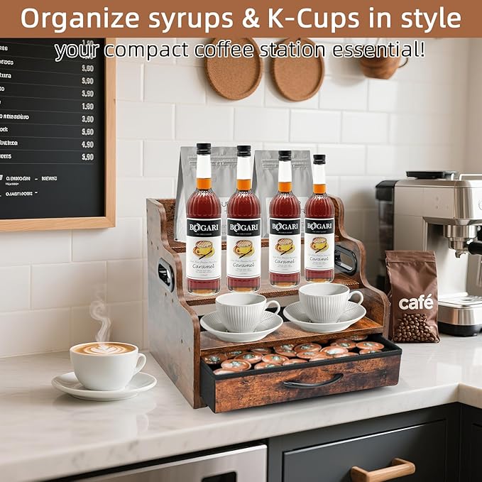 3-Tier Liquor Bottle Display Shelf with Drawers- Holds 12 Bottles & 36 K-Cups, Tabletop Wine Rack, Coffee Syrup Rack, for Mini Bar, Whiskey, Spice Storage, Kitchen Organizers