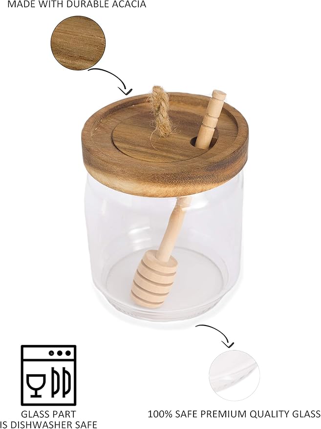 Honey Jar Pot Glass Holder Dispenser Set with Wooden Dipper Stick and Acacia Lid Cover for Home Kitchen, Clear, Modern Honey Syrup Glass Container for Storage Gift, Honey Pot and Drizzler (14 Oz)