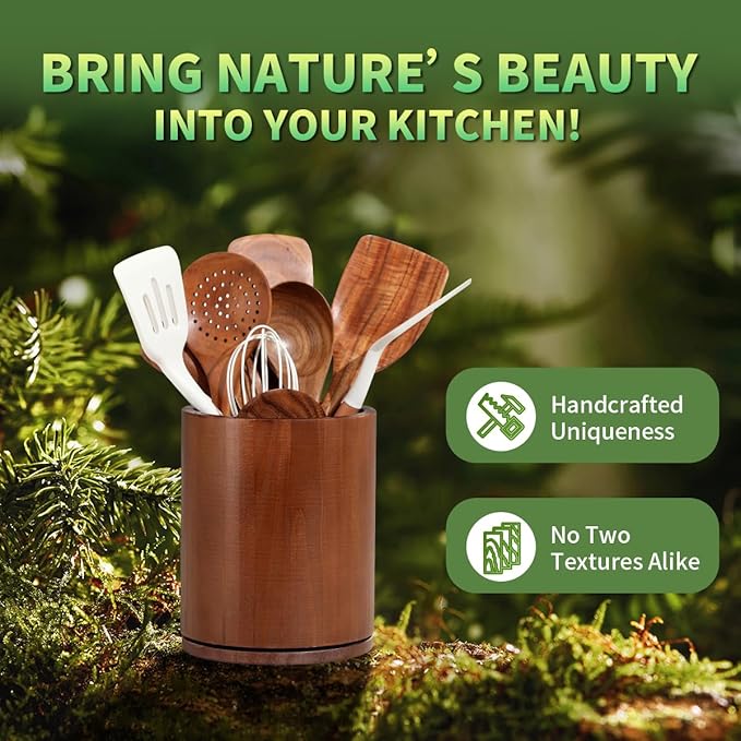 Wooden Utensil Holder, 360°Rotating 7.3'' Large Utensil Holder for Kitchen Counter, Kitchen Utensil Organizer, Utensil Crock, Farmhouse Kitchens Countertop Decor, Walnut-finish