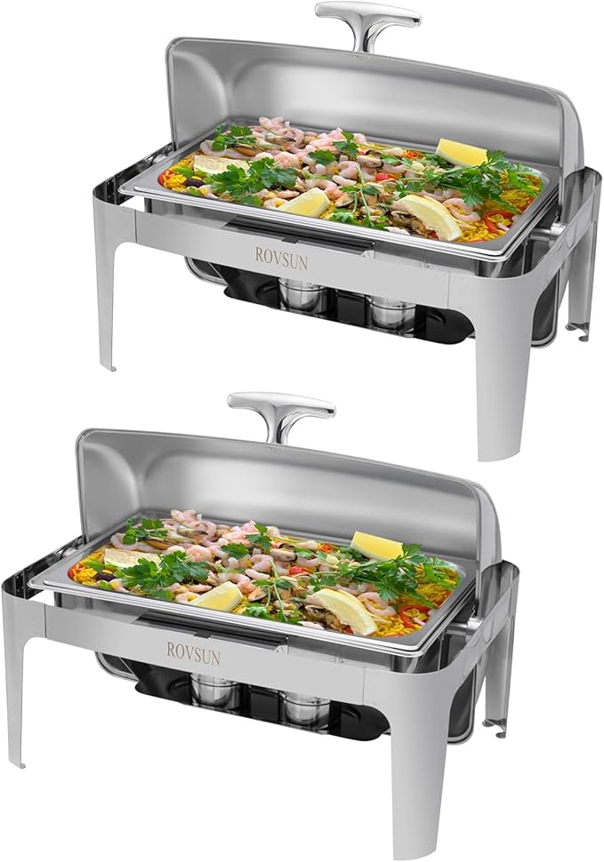 ROVSUN 2-Pack Roll Top Chafing Dish Buffet Set,9 Quart Full Size Pan Chafer, NSF Stainless Steel Rectangular Setfor Wedding,Parties,Banquet, Catering Events