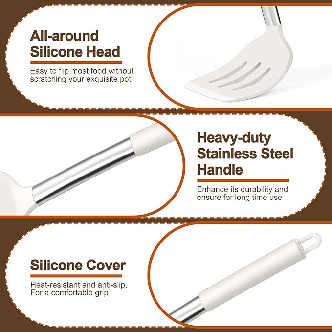 P&P CHEF White Kitchen Cooking Utensil Set of 4, Silicone Solid Spatulas Slotted Spoons Turners for Non-stick Cookware Flipping Mixing, Heat-proof