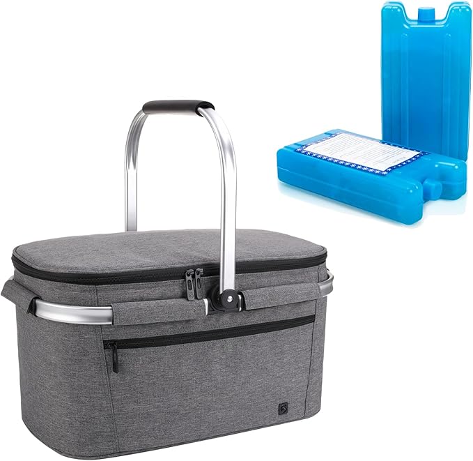 ALLCAMP OUTDOOR GEAR Large Picnic Basket 32L Shopping Basket Grocery Bags Folding Insulated Strong Aluminum Frame Basket (Large Gray)