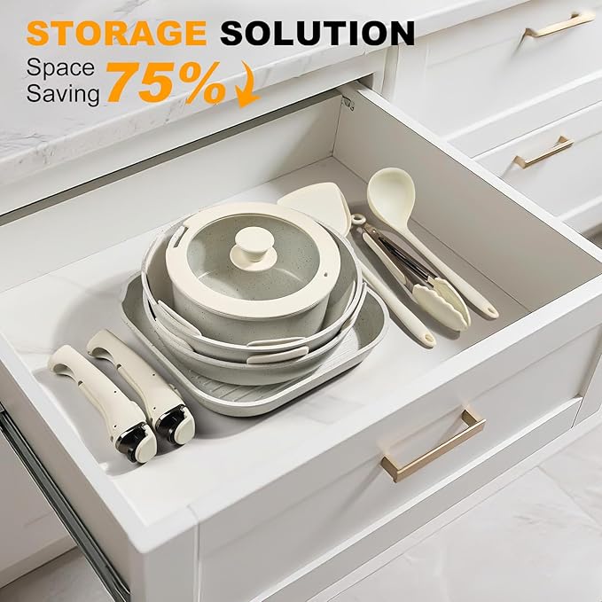 20 Pcs Pots and Pans Set Non Stick, Ceramic Cookware Set Detachable Handle, RV Kitchen Cooking Set Removable Handles, Oven Safe, Induction ReadyStackable Non-stick set, White