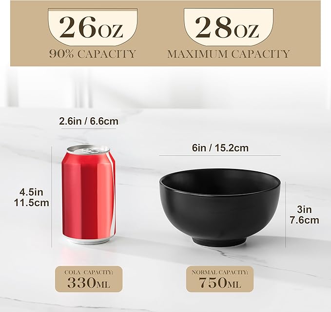 MALACASA 26 OZ Porcelain Soup Bowls Set of 6, Black Ceramic Bowls for Kitchen, Cereal Bowl for Oatmeal, Fruit, Salad, Ramen and Rice Bowl -Dishwasher & Microwave Safe Bowls