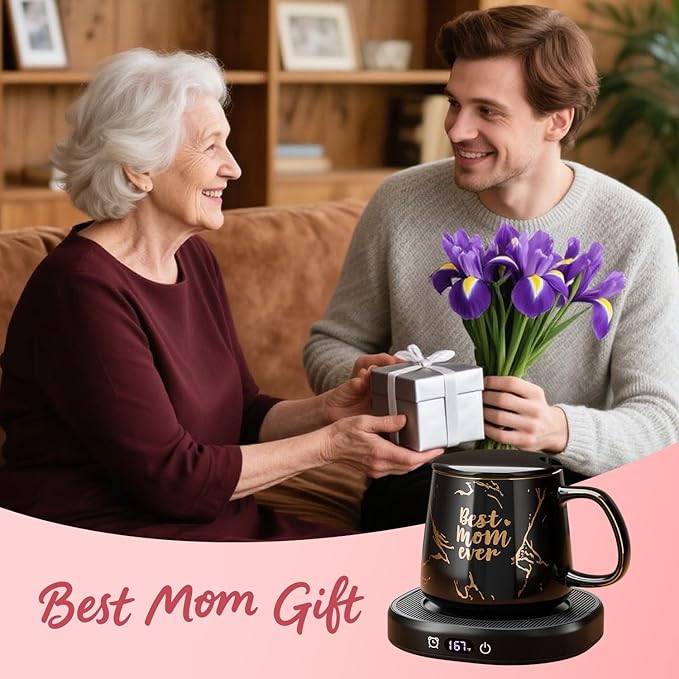 Coffee Mug Warmer, Best MOM Ever Mug with Coffee Warmer Set, Electric Coffee Cup Warmer for Desk 8H Auto Shut Off, Tea Beverage Warmer with 4 Temperature Setting, Women Mothers Day Birthday Mom Gifts