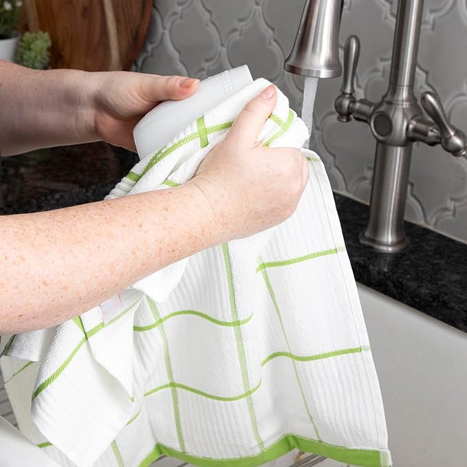 T-fal Solid & Checked Parquet Kitchen Towels: Highly Absorbent, Super Soft Long Lasting - 100% Cotton, 16"x26" Dish Towels for Cleaning & Drying Dishes, Pans, Glassware, Countertops, 6-Pack, Green